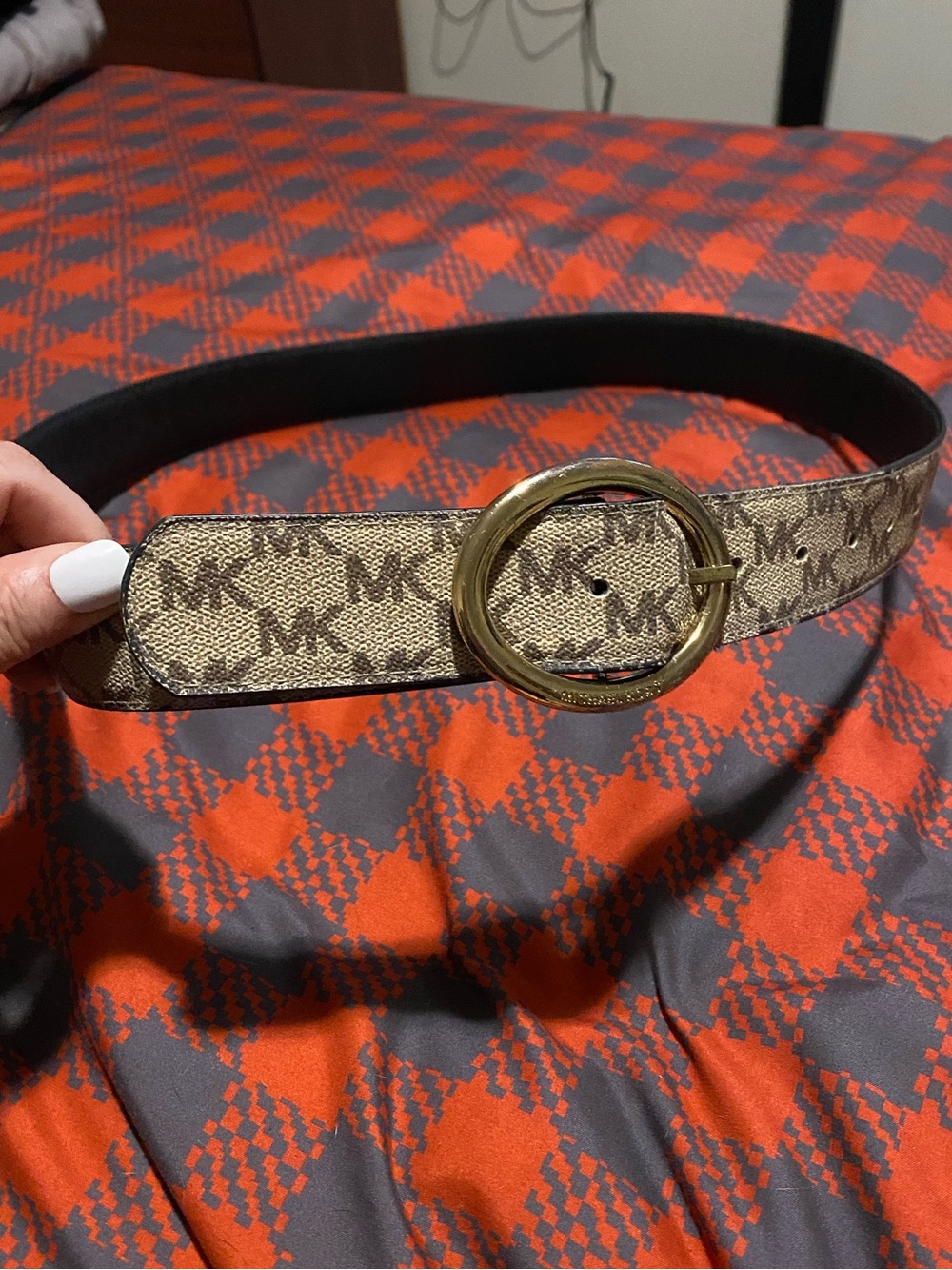 Michael Kors Beige MK Monogram Belt with Gold Round Buckle reversible XL